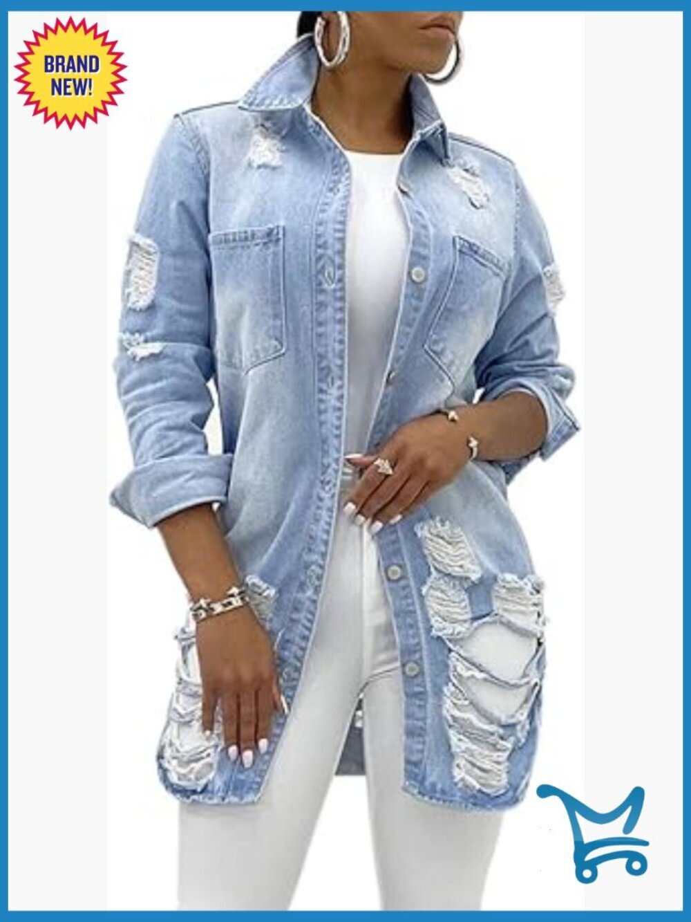 Women's Classic Distressed Tassel Denim Jacket Long Sleeve Button Front